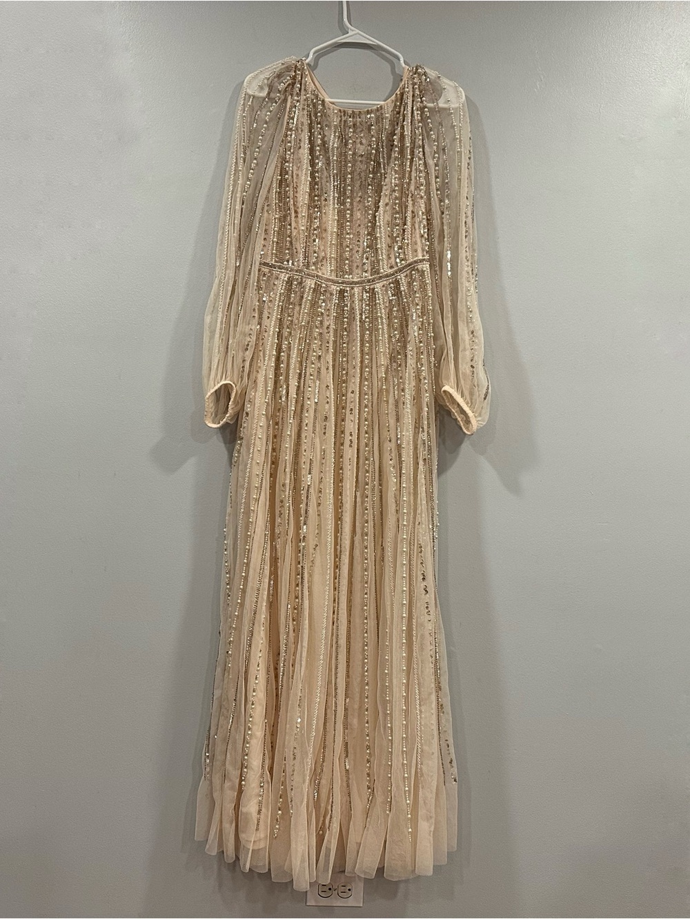 Mac Duggal 94081 Peach Boat Neck Long Sleeve Gown With Striped Beading Sz 14 NEW